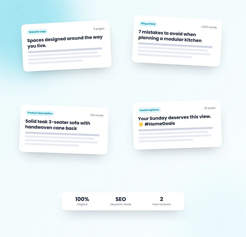 Samples of website copy, blog articles, product descriptions and social captions