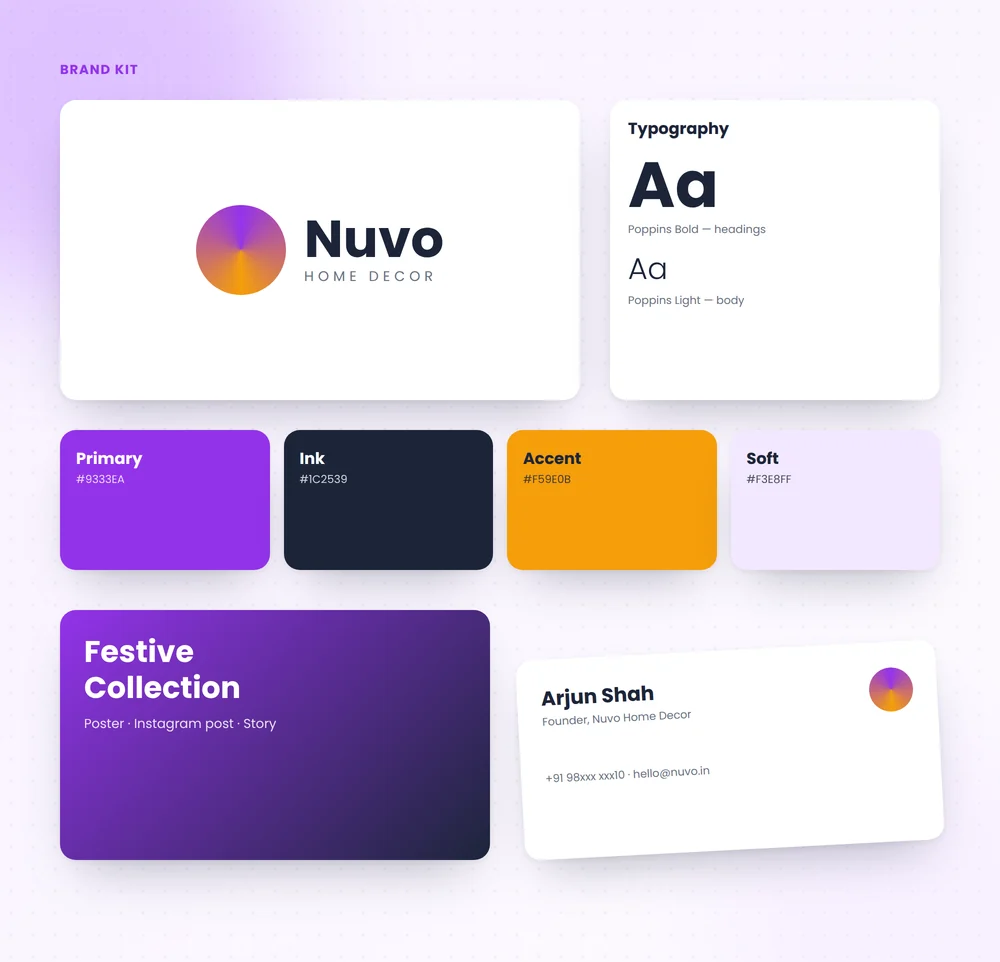 Brand kit with logo, typography, colour palette, poster and visiting card