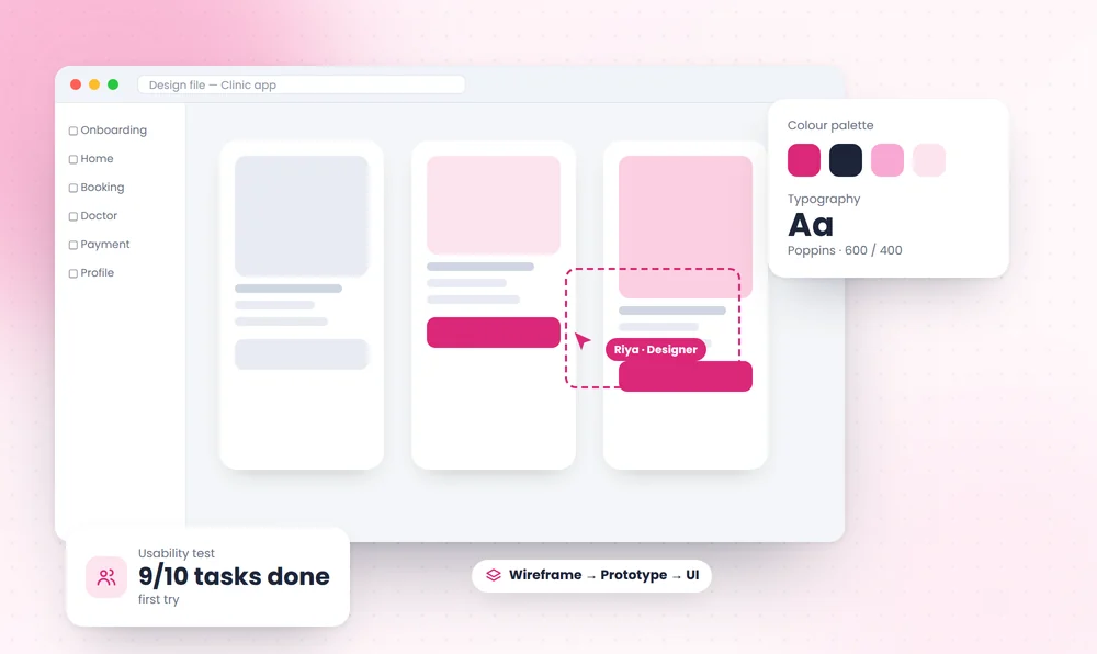 App design file with wireframes, colour palette and typography
