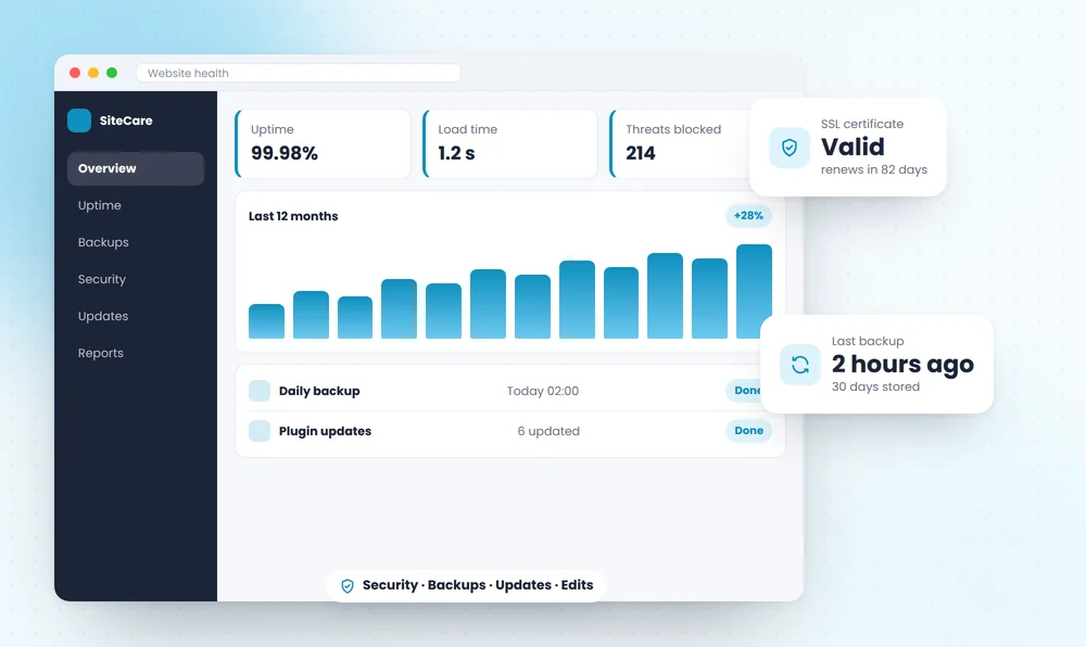 Website health dashboard with uptime, backups and security
